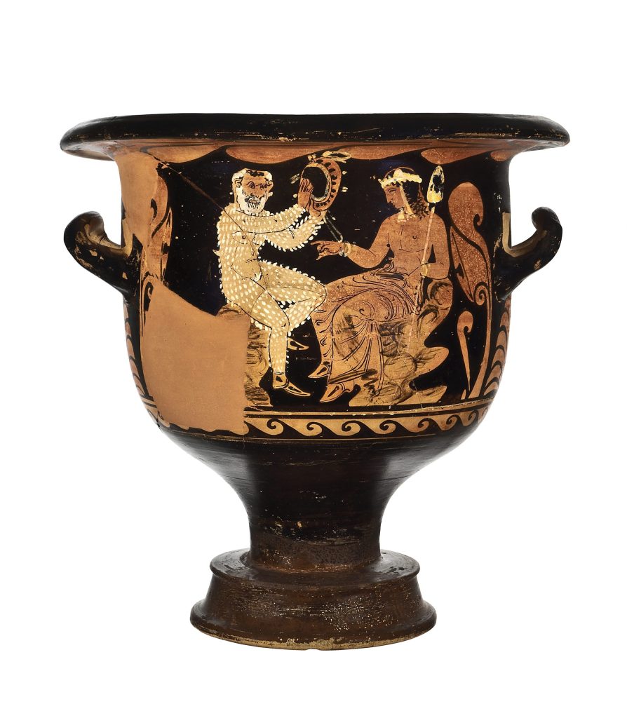 Cratere a figure rosse di produzione campana con Dioniso seduto e vecchio satiro con timpani,